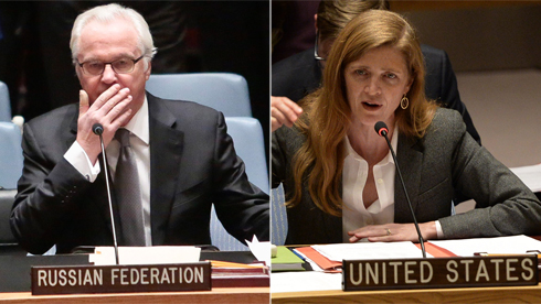 עימות רוסי-אמריקני במועצת הביטחון. השגרירים פאואר וצ'ורקין (צילום: AFP, AP) (צילום: AFP, AP)