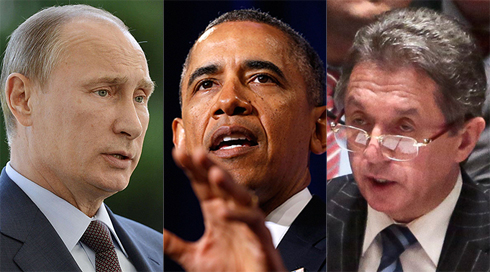 שגריר אוקראינה באו"ם סרגייב, נשיא ארה"ב אובמה ונשיא רוסיה פוטין (צילום: AP, AFP, רויטרס) (צילום: AP, AFP, רויטרס)