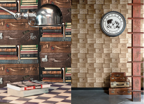 מימין: טפט בדוגמת ארגזי עץ; משמאל: טפט בדוגמת מזוודות של כרמל שטיחים ופרקט  ()