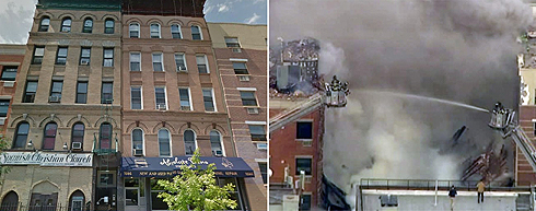 הבניין שקרס לפני (משמאל) ואחרי (צילום: AP, גוגל מפות) (צילום: AP, גוגל מפות)