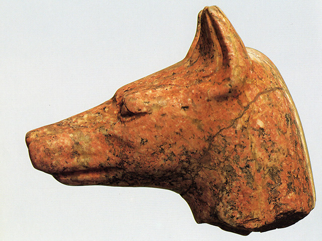 ראש של תן. אבן גרניט אדומה. ככל הנראה מתקופת שלטונות של רעמסס השני, מצרים. 1237-1304 לפנה"ס