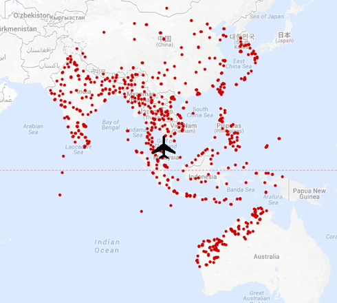 המפה של WYNC Data Team המסמנת את מסלולי הנחיתה האפשריים באזור שאליו יכל המטוס להגיע ()