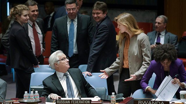 הצילום שהאמריקנים רצו להראות: שגרירת ארה"ב באו"ם סמנתה פאואר והשגריר הרוסי חמור הסבר ויטאלי צ'ורקין (צילום: AP) (צילום: AP)