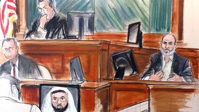 איור של אבו ריית' מעיד בבית המשפט (צילום: AP) (צילום: AP)