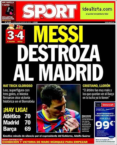"מסי הרס את מדריד". שער העיתון 'ספורט' (צילום: שער האס) (צילום: שער האס)