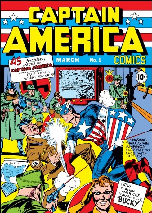 היטלר זוכה לטיפול אישי מקפטן אמריקה ב"Captain America #1" (עטיפת הקומיקס) (עטיפת הקומיקס)
