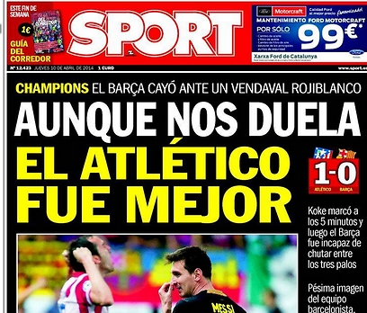 "כואב לנו, אבל אתלטיקו הייתה טובה יותר". הכותרת ב"ספורט" (צילום מסך) (צילום מסך)