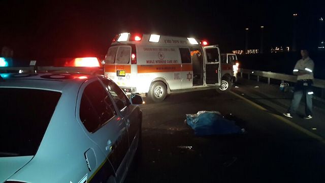 זירת התאונה שבה נהרג העיתונאי ראובן פדהצור (צילום: דוברות מגן דוד אדום) (צילום: דוברות מגן דוד אדום)