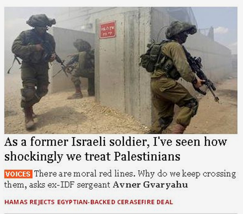 ב"אינדיפנדנט" הבריטי, הידוע בביקורתו הנוקבת על ישראל, הדיווח על קריסת הפסקת האש הוא משני לעדותו של חייל ישראלי לשעבר שאומר: "כחייל לשעבר ראיתי כמה נורא אנחנו מתייחסים לפלסטינים". גם בכותרת על הפסקת האש מסתפק העיתון בדיווח על כך שחמאס דחתה את ההצעה, בלי שום אזכור לירי הרקטות על ישראל לאורך כל היום ()