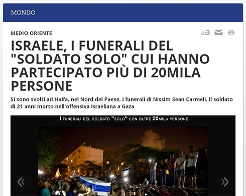 רשת Rai האיטלקית: "ישראל, הלוויית 'החייל הבודד' שבה השתתפו יותר מ-20 אלף איש" ()
