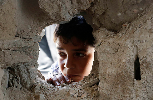 ילד פלסטיני מציץ מבית ספר של אונר"א שהותקף בעזה (צילום: AP) (צילום: AP)