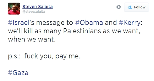 אחד מציוציו: "המסר של ישראל לאובמה וקרי: נהרוג כמה פלסטינים שנרצה. נ"ב, פאק יו, שלמו לי" (מתוך טוויטר)