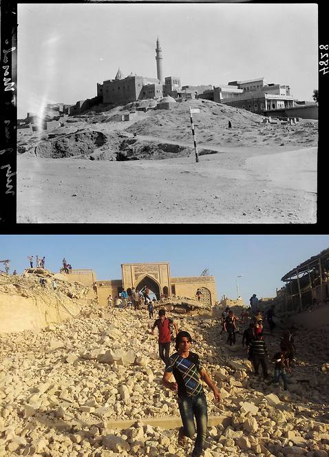 An archive photo of what is believed by Muslims to be Jonah the Prophet's grave outside Mosul, Iraq, and a photo taken July 2014 after Islamic State militants destroyed it (Photos: Library of Congress/AP)