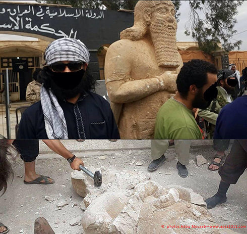 תמונות של אנשי דאעש מנפצים פסל מהתקופה האשורית בתל-עג'ג'ה ()