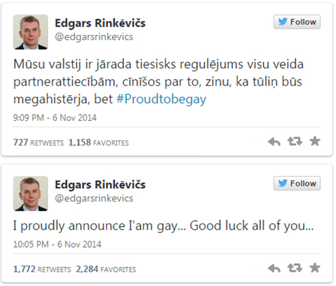 הציוצים שפרסם רינקביץ'. "גאה להיות הומו" (צילום: מתוך טוויטר) (צילום: מתוך טוויטר)