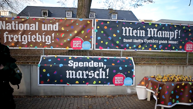 Banners put up along the neo Nazis' march route; 'National and generous,' 'My food' and 'Donations march.'