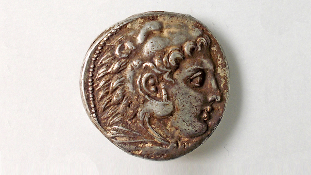 The face of Heracles on coin that was uncovered (Photo: Robert Kool, courtesy of the Israel Antiquities Authority) (Photo: Robert Kool, courtesy of the Israel Antiquities Authority)