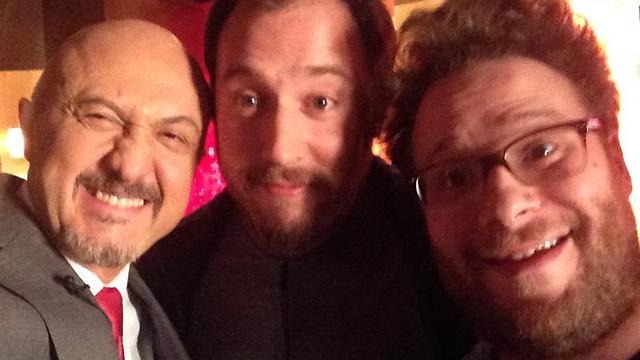 David Diaan (left) with 'The Interview' producers Evan Goldberg and Seth Rogen