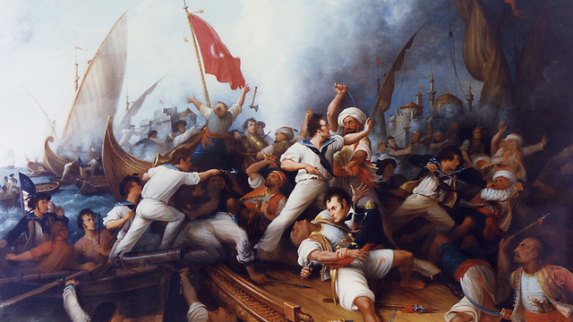 Dennis Malone Carter's oil painting of Decatur Boarding the Tripolitan Gunboat during the bombardment of Tripoli, 3 August 1804