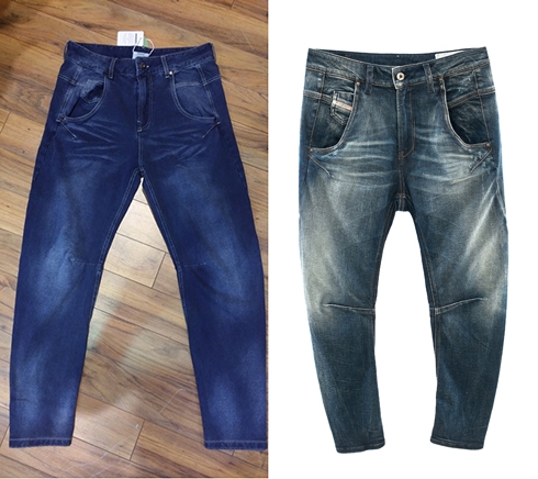 מימין - הג'ינס של דיזל, משמאל - הג'ינס של הודיס. האלמנטים הדומים: עיצוב המכנסיים בגזרה משוחררת, צר למטה וגבוה למעלה; תפרים ייחודיים באזור הפנימי של הברכיים; תפר בצדי המכנסיים המסתובב ומגיע למרכז החלק האחורי של הרגל; תפרים אלכסוניים ייחודיים מתחת לכיסים ראשיים קדמיים של המכנסיים ()