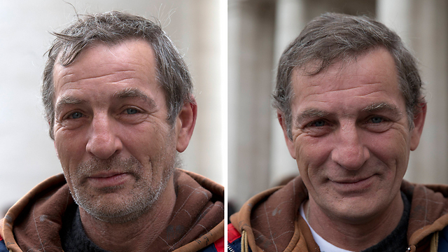 רוברט קוקוט, חסר בית בוותיקן לפני ואחרי הגילוח שקיבל בחינם (צילום: AP) (צילום: AP)