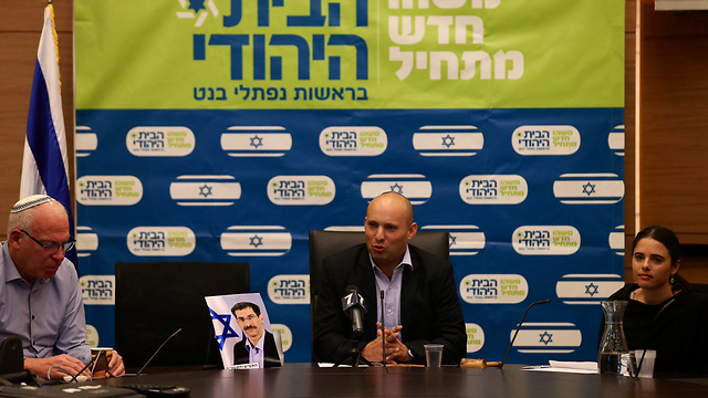 Bennett (center) will demand ministries for himself, Shaked (right) and Ariel (Photo: Ohad Zwigenberg)
