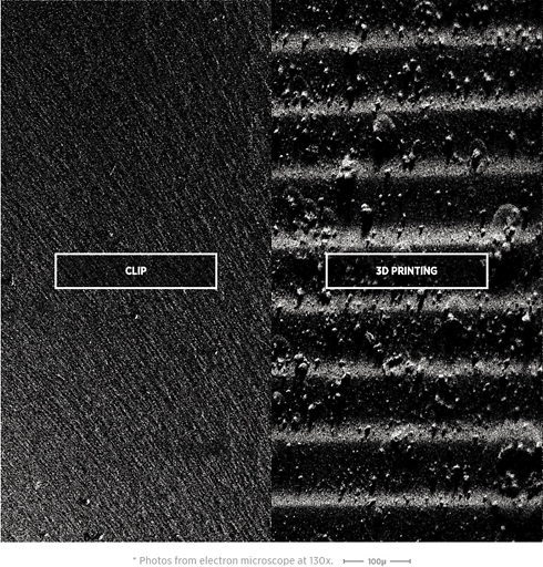 השוואה תחת מיקרוסקופ בין מדפסת פלסטיק ל-CLIP ()