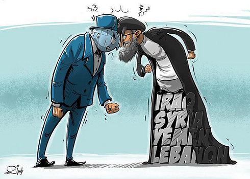 עיראק, סוריה, תימן ולבנון - כל המדינות שנמצאות תחת ההגמוניה האיראנית. קריקטורה ערבית ()