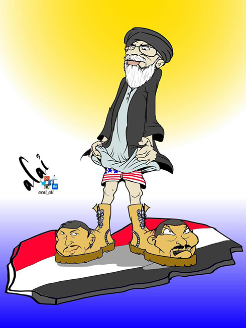 חמינאי ואיראן מדברים לארה"ב במילים יפות, ובינתיים רומסים את תימן. קריקטורה ערבית ()