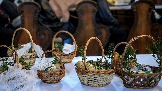 View of Easter baskets to be blessed on Holy Saturday at a church in Lublin, Poland (Photo: EPA)