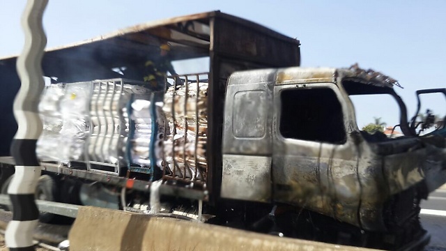 המשאית שעלתה באש בכביש החוף (צילום: כיבוי והצלה מחוז חוף) (צילום: כיבוי והצלה מחוז חוף)