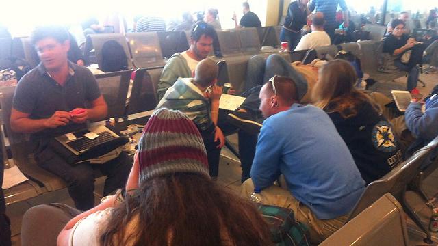 Israelis wait for flight in Rhodes. (Photo: Eyal Sterk)