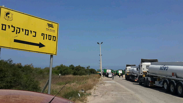 משאיות בכניסה למסוף הכימיקלים במפרץ חיפה (צילום: אחיה ראב"ד) (צילום: אחיה ראב