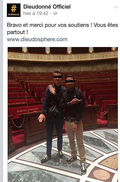 Dieudonne tweeting a picture of his supporters making the 'quenelle gesture in the French parliament, commenting: 'Bravo and thank you for your support! You're everywhere!'