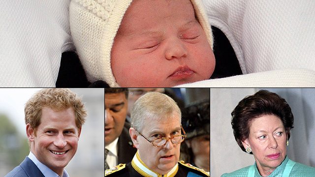 לא נולדו ראשונים וסופגים את רוב הביקורת הציבורית. הנסיך הארי (למטה משמאל), הנסיך אנדרו והנסיכה מרגרט. למעלה: בתם החדשה של ויליאם וקייט (צילום: AP, David S. Paton, AFP, ) (צילום: AP, David S. Paton, AFP, )