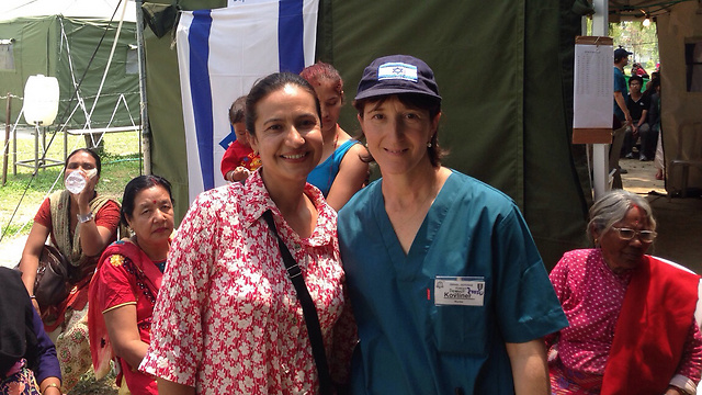 Yama-Sharma (left) and Kobliner meet at IDF field hospital in Nepal. 