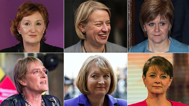 נשים בפרונט. מימין למעלה: ניקולה סטרג'ן (סקוטים), נטלי בנט (הירוקים) וסוזן אוונס (UKIP). למטה מימין: ליאן ווד (וולשים), הרייט הרמן (לייבור) וסאל ברינטון (ליברל-דמוקרטים) (צילום: gettyimages ,AFP, רויטרס) (צילום: gettyimages ,AFP, רויטרס)