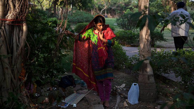 מאמינה הינדית קשרה חוט אדום מסביב לגזע עץ בניו דלהי למען שגשוג וחיים ארוכים לבעלה ולה (צילום: AP) (צילום: AP)