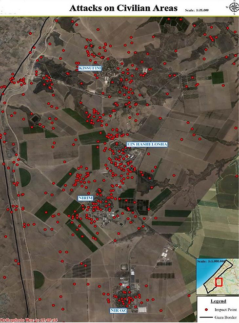 הנקודות האדומות מציינות את הפגיעות בשטחי ישראל ()