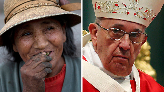 האפיפיור ופרואנית שלועסת את עלי הקוקה ה"קדושים" (צילום: רויטרס, AP) (צילום: רויטרס, AP)