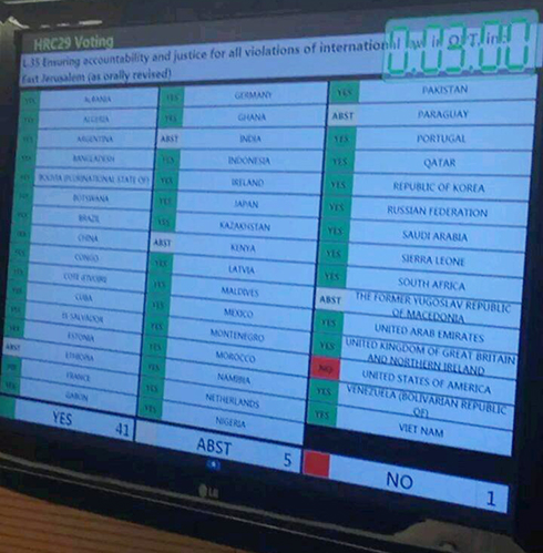 The list of countries and their votes on the resolution (Photo: Hilel Noyer)