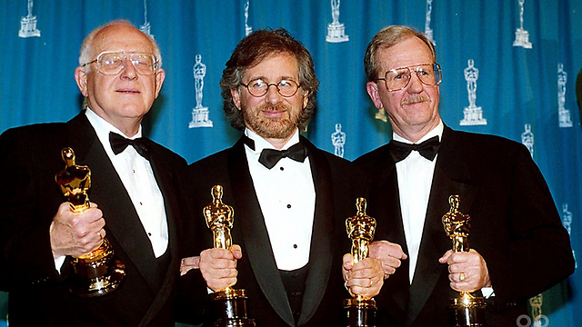 Lustig, left, with Spielberg, center, and the golden award (Photo: Courtesy of Yad Vashem) (Photo: Courtesy of Yad Vashem)
