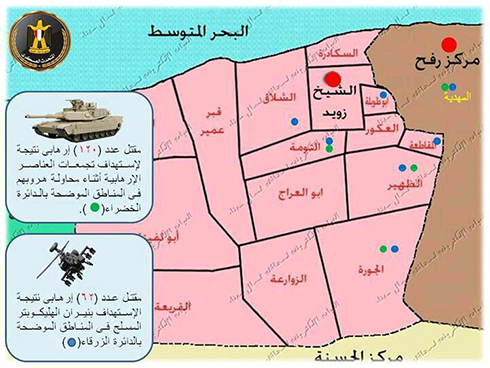 Map presented by Egyptian military to reporters, noting the areas of fighting in Sinai.