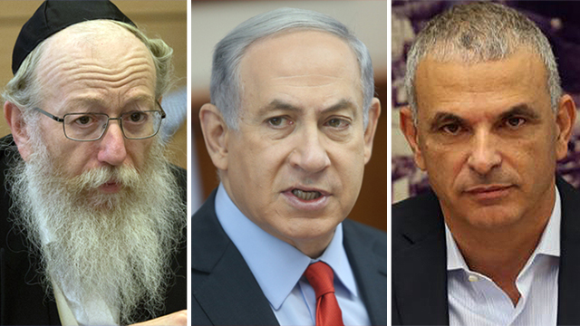 Yaakov Litzman (left), Benjamin Netanyahu (center), Moshe Kahlon (right). (Photo: Alex Kolomoisky, Ohad Zwigenberg, Gil Yohanan)