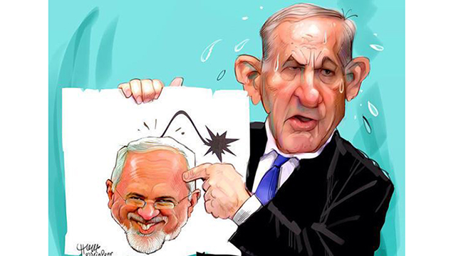 Netanyahu sweats, while Zarif laughs. A popular caricature in Iranian media.