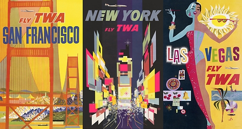 סדרת הכרזות של האמן דיוויד קליין עבור חברת TWA. הכרזה המרכזית (ניו יורק) מוצגת בתערוכת הקבע של ה-MOMA ()