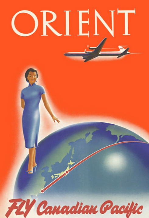 חברת קנדיאן פאסיפיק פעלה מ-1942 עד לאיחודה עם Canadian Airlines (לימים Air Canada). במודעה זו פרסמה את טיסותיה לאסיה ()