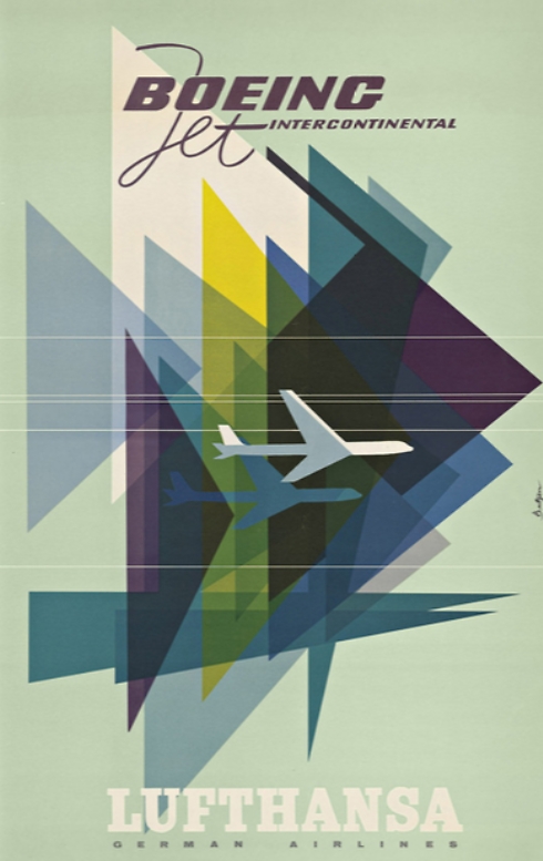 לופטהנזה בכרזה מודרנית פשוטה קידמה את טיסותיה הבינלאומיות בשנות ה-60 ()