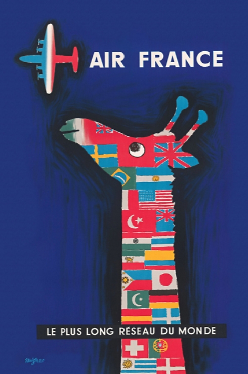 בכרזה זו של אייר פראנס מ-1956, מתגאה החברה ברשת קווי התעופה הגדולה בעולם ()