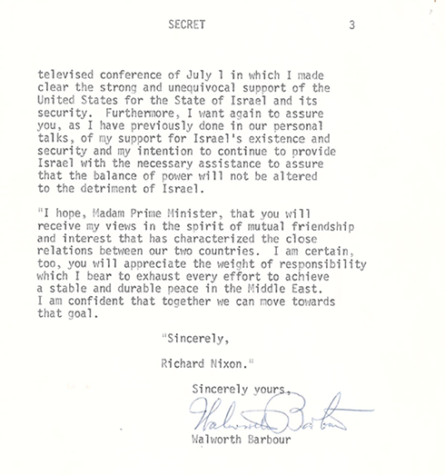 המכתב של הנשיא ניקסון לראש הממשלה מאיר ()